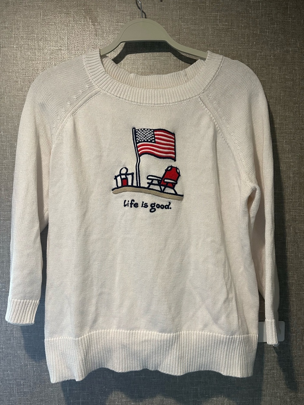 Life Is Good Cream Crewneck Sweater with Patriotic Embroidery